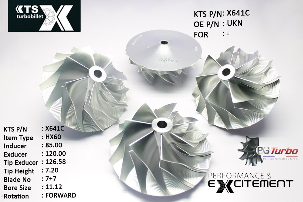 Turbo ROUE FORGÉE MFS PERFORMANCE - 7+7 PALES - INDUCER : 85 - EXDUCER : 120 - TYPE : HX60ANGLE : 50° - ROTATION : Forward - SUPER BACK : 9,27 - BORE SIZE : 11,12
